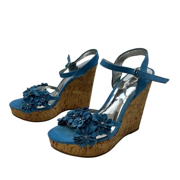 Carlos by Carlos Santana Open Toe Cork Wedge High Heels Blue Florets Size 7.5 - Picture 1 of 8
